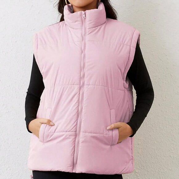 Pink Casual Women's Stand Collar Quilted Sleeveless Puffer Vest Jacket - Picture 5 of 6